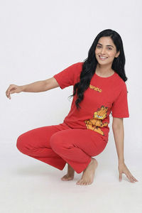 Zivame Garfield Knit Cotton Loungewear Set - Mars Red — thumbnail 3